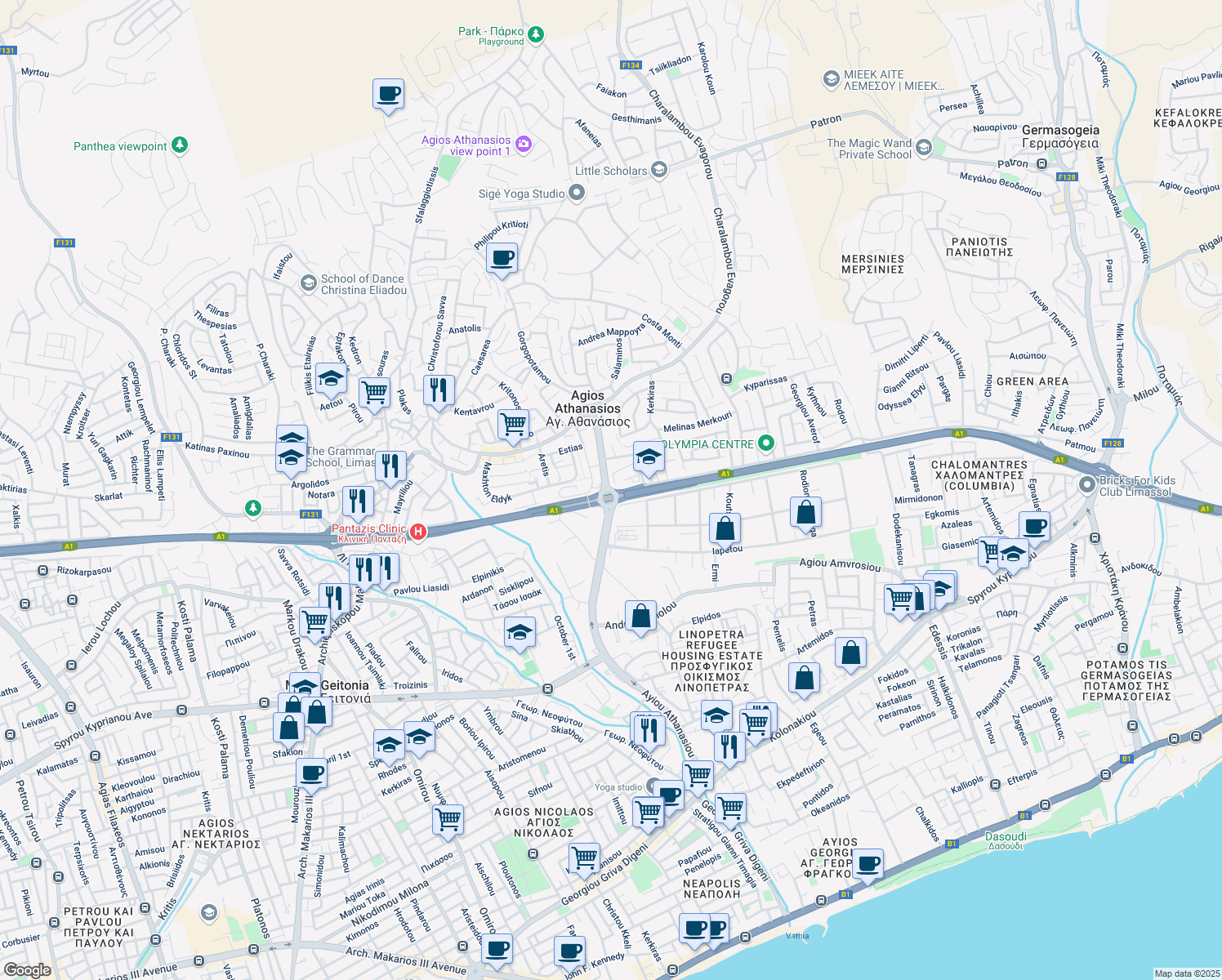 map of restaurants, bars, coffee shops, grocery stores, and more near Linopetras Roundabout in Agios Athanasios
