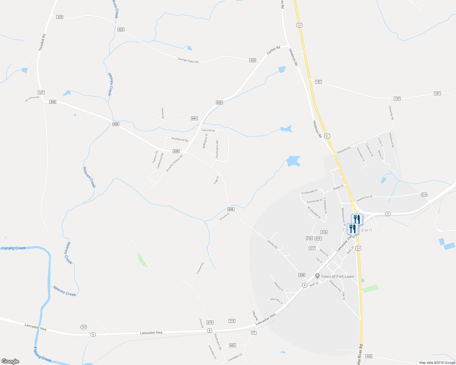 map of restaurants, bars, coffee shops, grocery stores, and more near 5888 Shirley Road in Fort Lawn