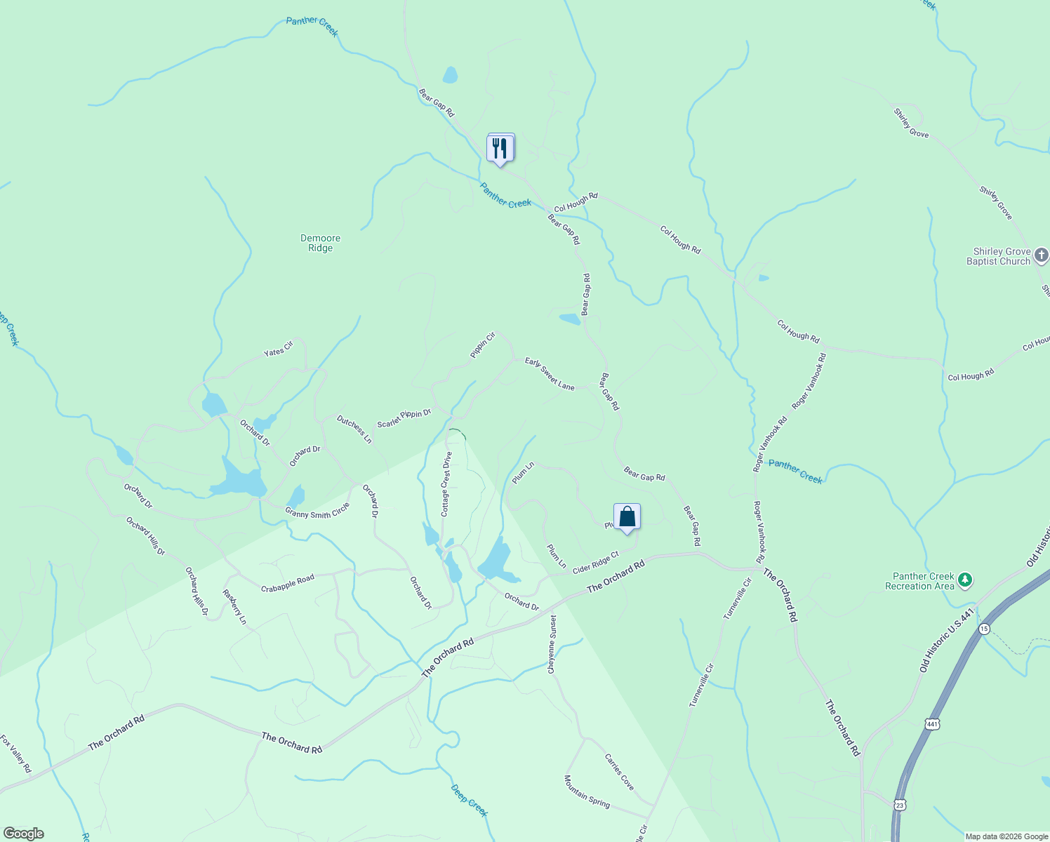 map of restaurants, bars, coffee shops, grocery stores, and more near 610 Rome Beauty Lane in Clarkesville
