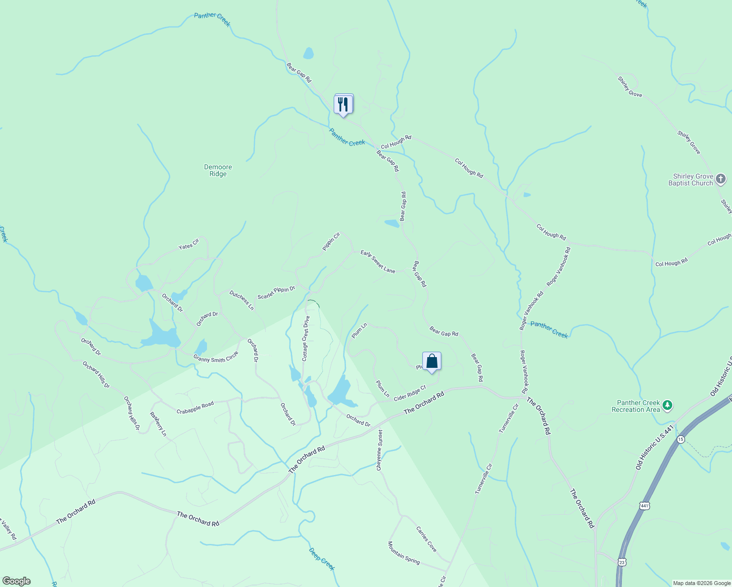 map of restaurants, bars, coffee shops, grocery stores, and more near 610 Rome Beauty Lane in Clarkesville