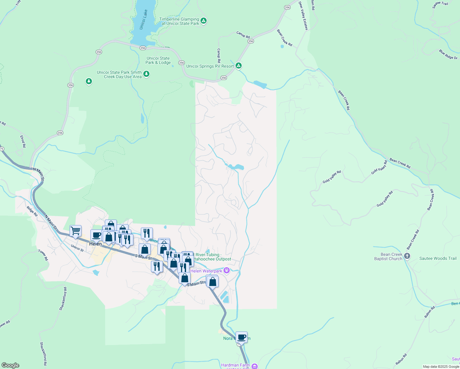 map of restaurants, bars, coffee shops, grocery stores, and more near 688 Bahn Innsbruck in Helen