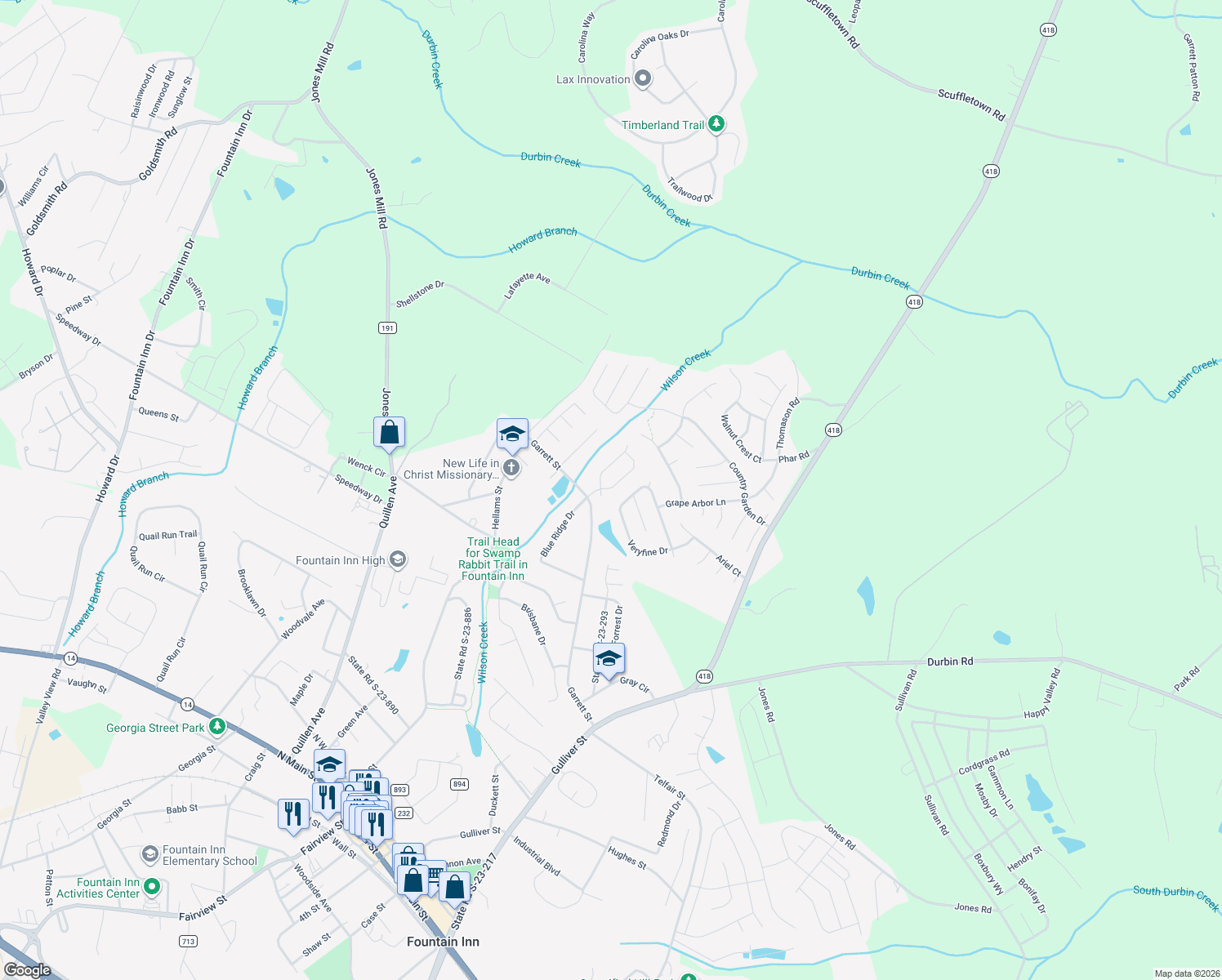 map of restaurants, bars, coffee shops, grocery stores, and more near 532 Garrett Street in Fountain Inn
