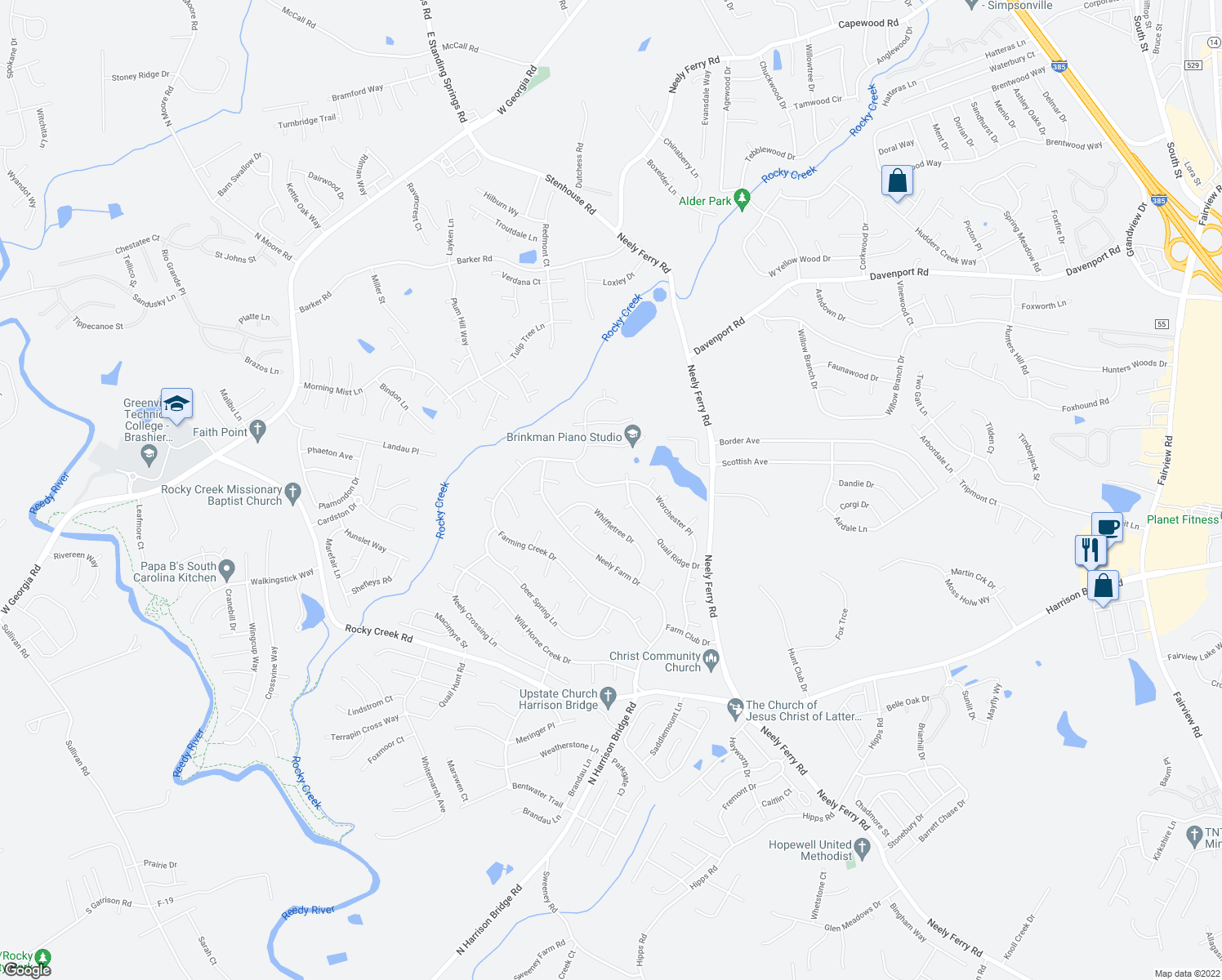 map of restaurants, bars, coffee shops, grocery stores, and more near 803 Worchester Place in Simpsonville