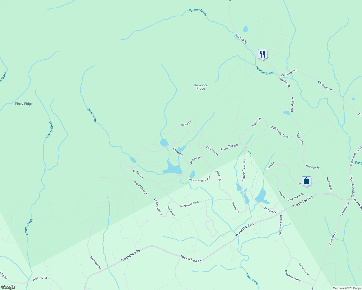map of restaurants, bars, coffee shops, grocery stores, and more near 404 Golden Delicious Road in Clarkesville