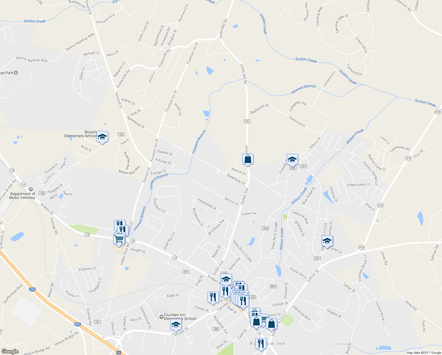 map of restaurants, bars, coffee shops, grocery stores, and more near 145 Speedway Drive in Fountain Inn