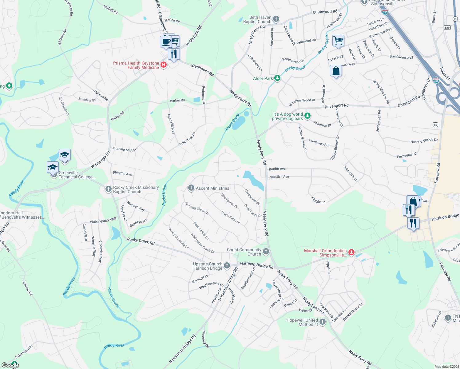 map of restaurants, bars, coffee shops, grocery stores, and more near 803 Worchester Place in Simpsonville