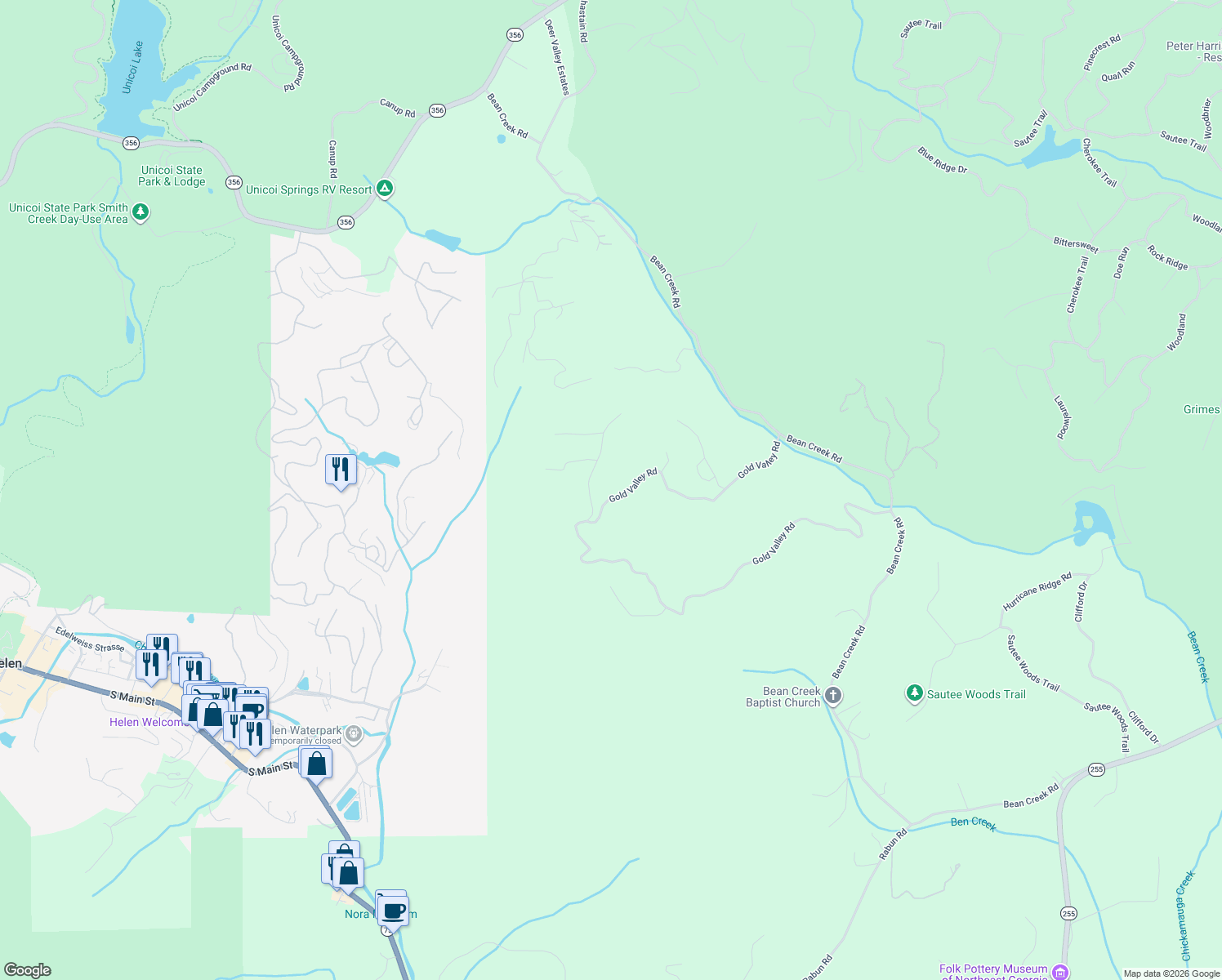 map of restaurants, bars, coffee shops, grocery stores, and more near 664 Gold Valley Road in Sautee Nacoochee