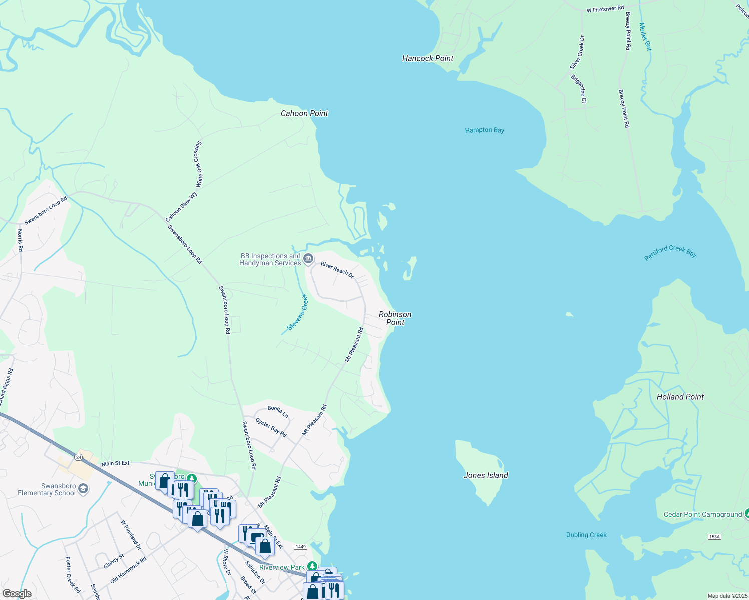 map of restaurants, bars, coffee shops, grocery stores, and more near 210 River Reach Drive in Swansboro
