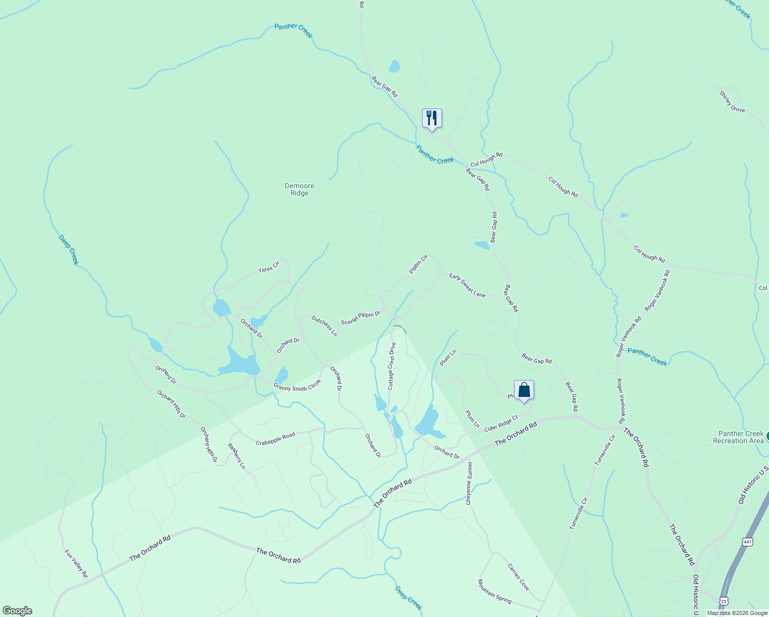 map of restaurants, bars, coffee shops, grocery stores, and more near 135 Pippin Circle in Clarkesville
