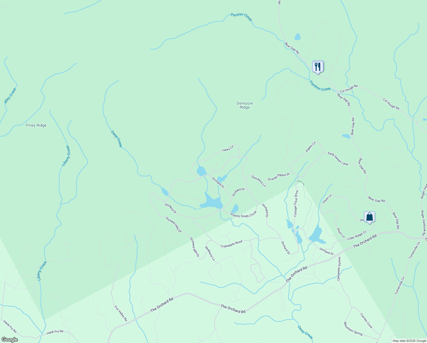 map of restaurants, bars, coffee shops, grocery stores, and more near 388 Golden Delicious Road in Clarkesville