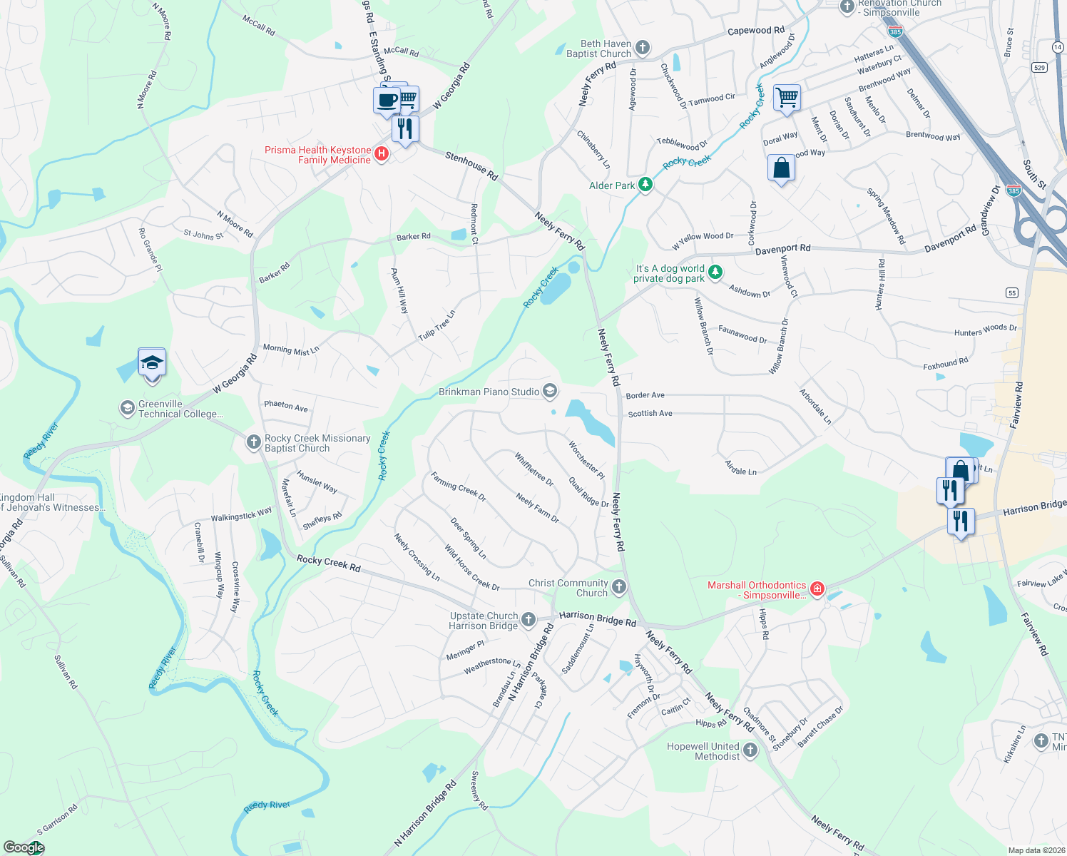 map of restaurants, bars, coffee shops, grocery stores, and more near 803 Worchester Place in Simpsonville