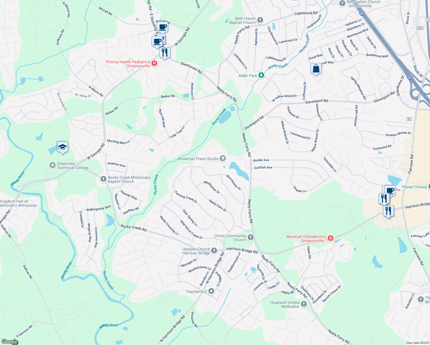 map of restaurants, bars, coffee shops, grocery stores, and more near 803 Worchester Place in Simpsonville