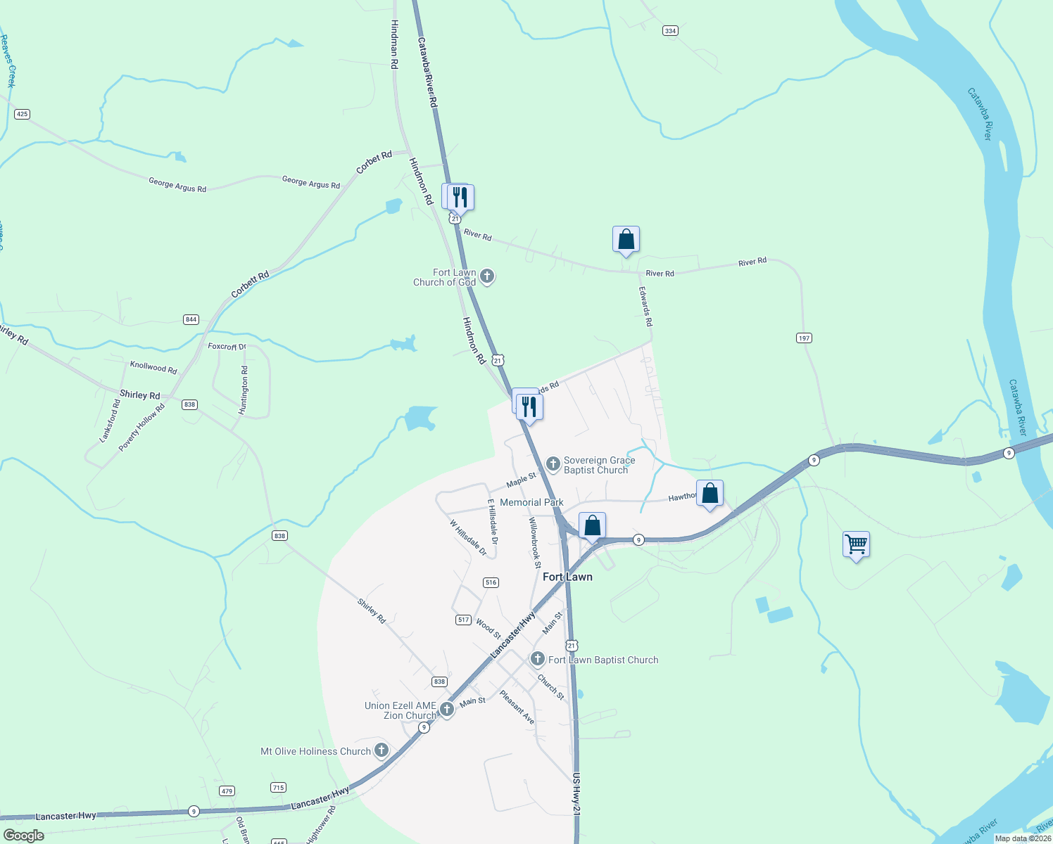 map of restaurants, bars, coffee shops, grocery stores, and more near 2610 Catawba River Rd in Fort Lawn