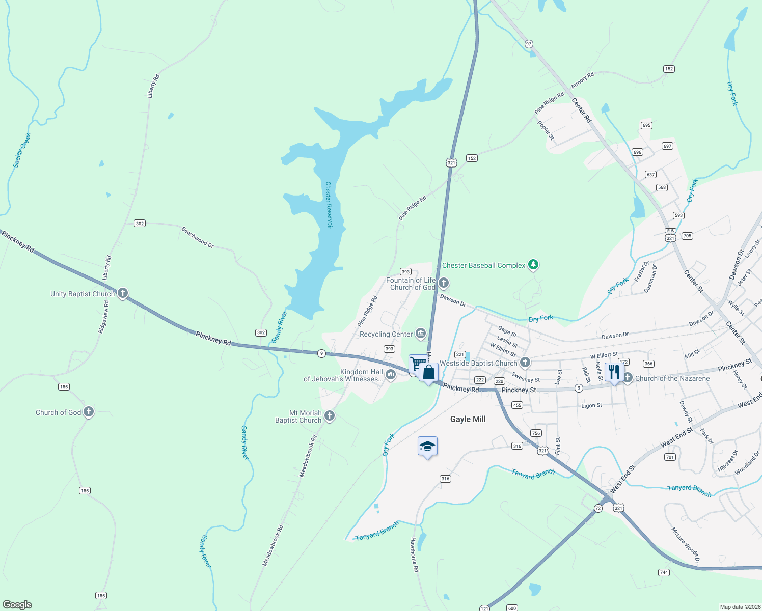 map of restaurants, bars, coffee shops, grocery stores, and more near 981 Pine Ridge Rd in Chester