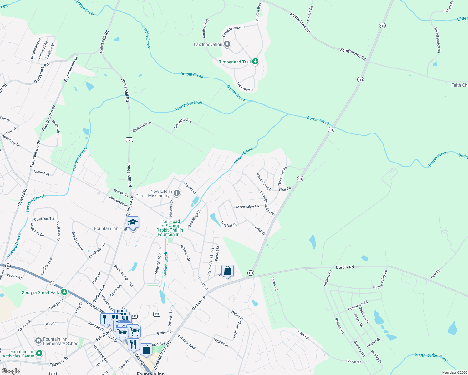 map of restaurants, bars, coffee shops, grocery stores, and more near 1103 Autumn Leaf Lane in Fountain Inn