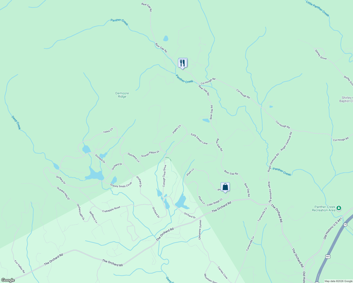 map of restaurants, bars, coffee shops, grocery stores, and more near 185 Pippin Circle in Clarkesville