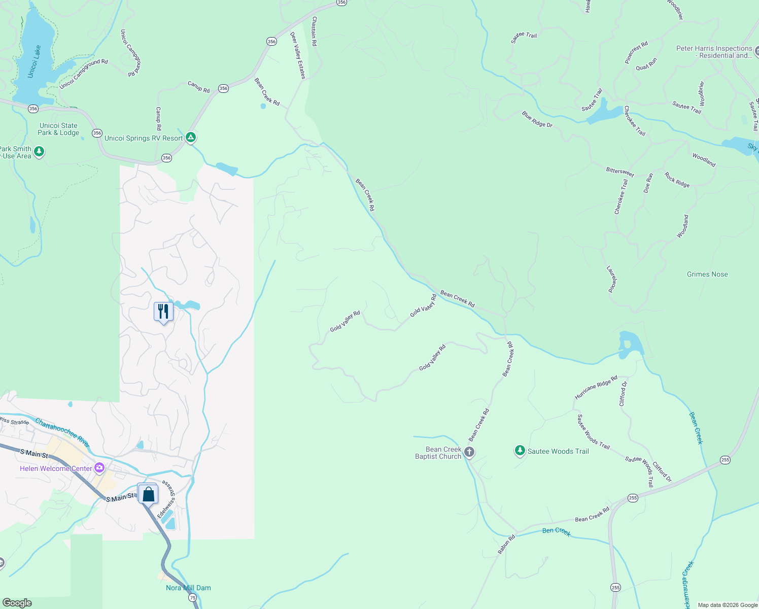 map of restaurants, bars, coffee shops, grocery stores, and more near 77 Screech Owl Trail in Sautee Nacoochee