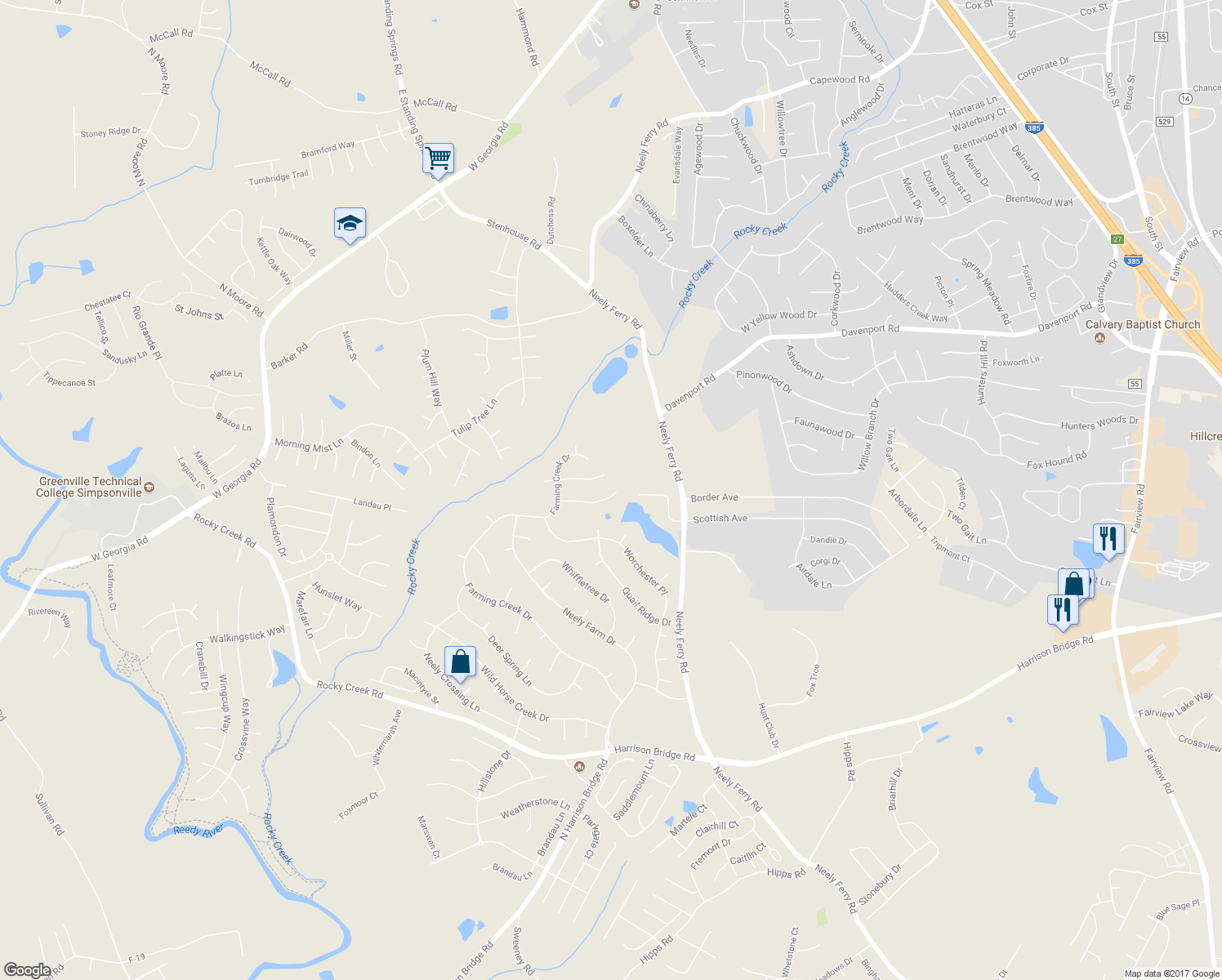 map of restaurants, bars, coffee shops, grocery stores, and more near 23 Dapple Gray Court in Simpsonville