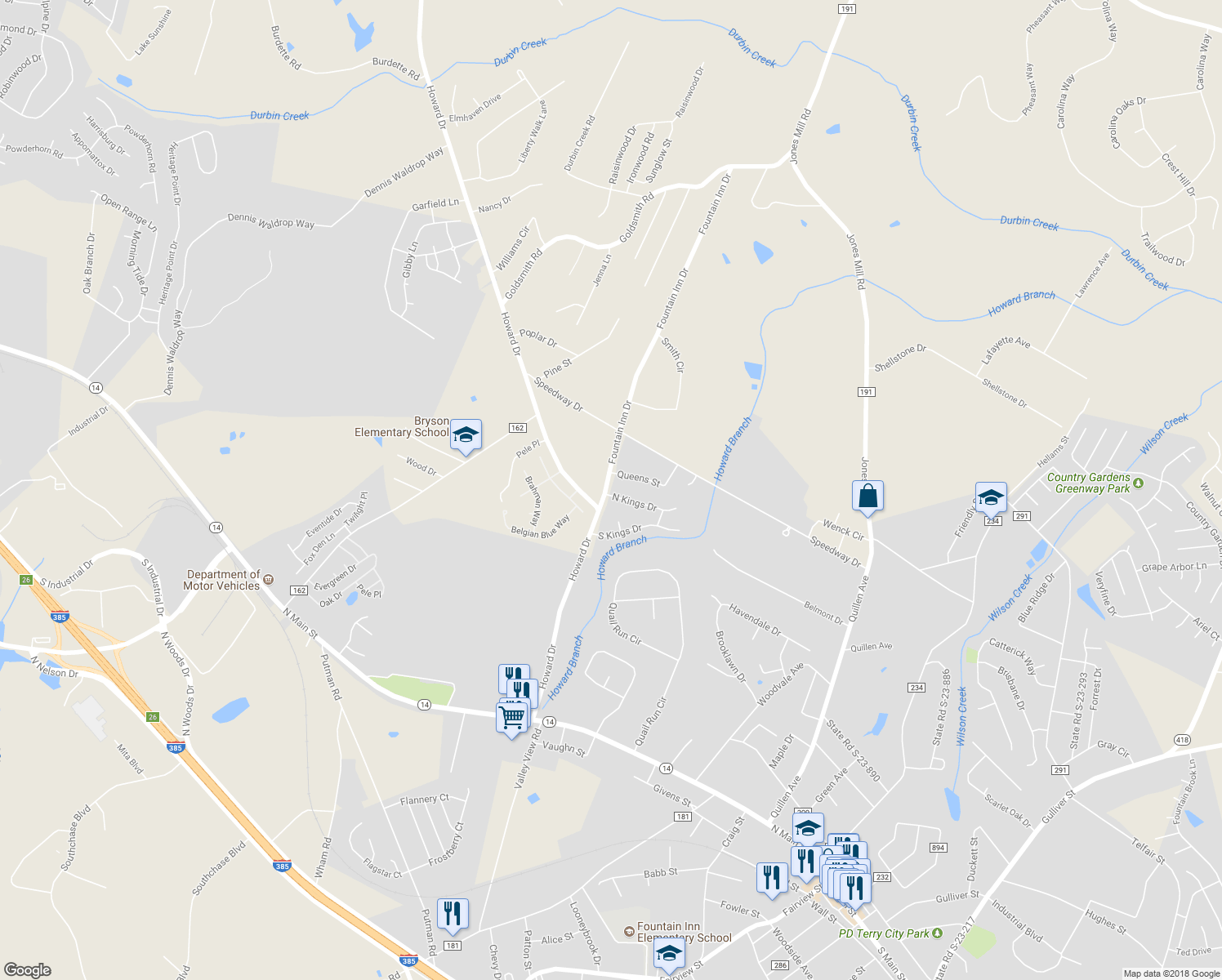 map of restaurants, bars, coffee shops, grocery stores, and more near 1 North Kings Drive in Fountain Inn