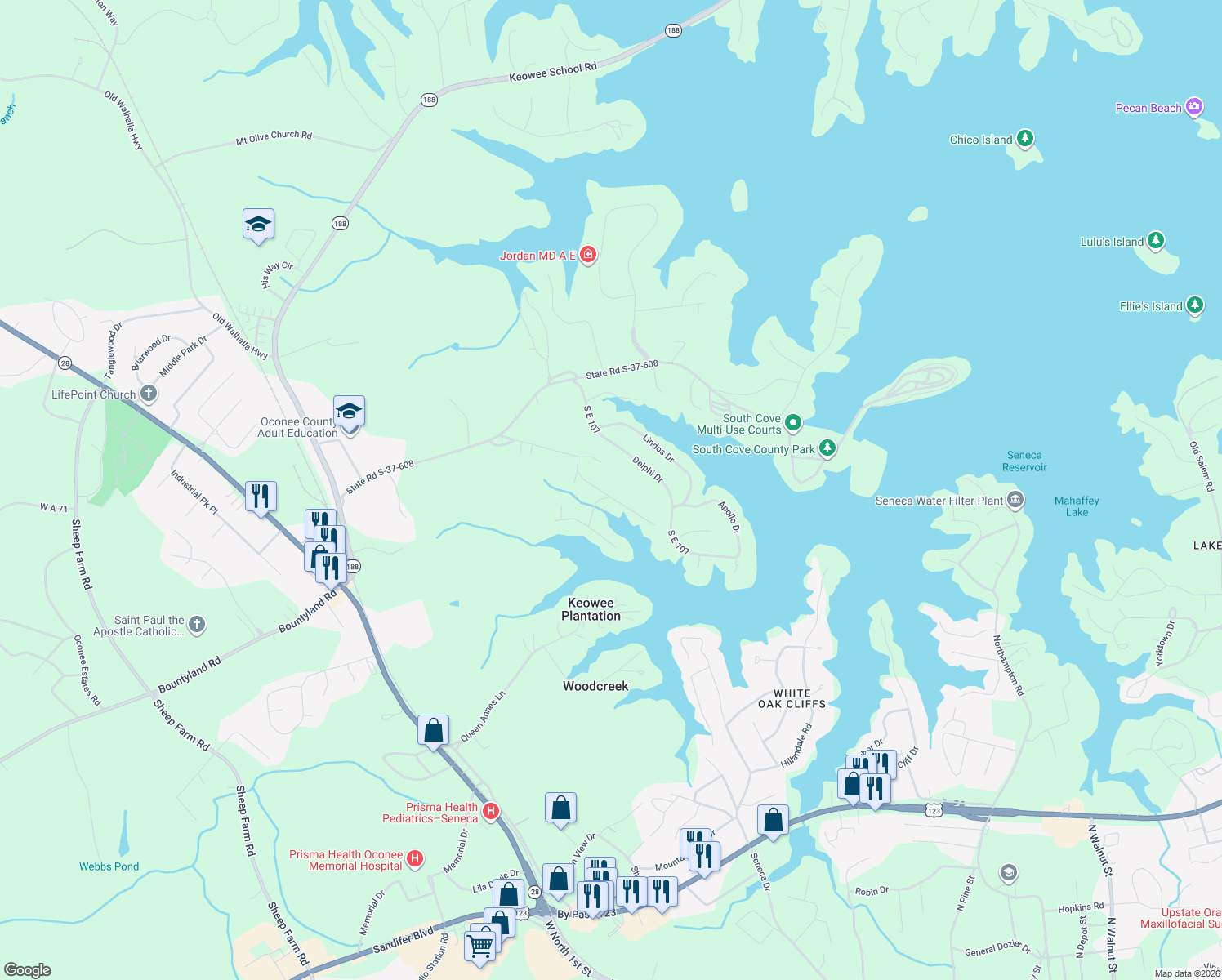 map of restaurants, bars, coffee shops, grocery stores, and more near 203 Indian Trail Road in Seneca
