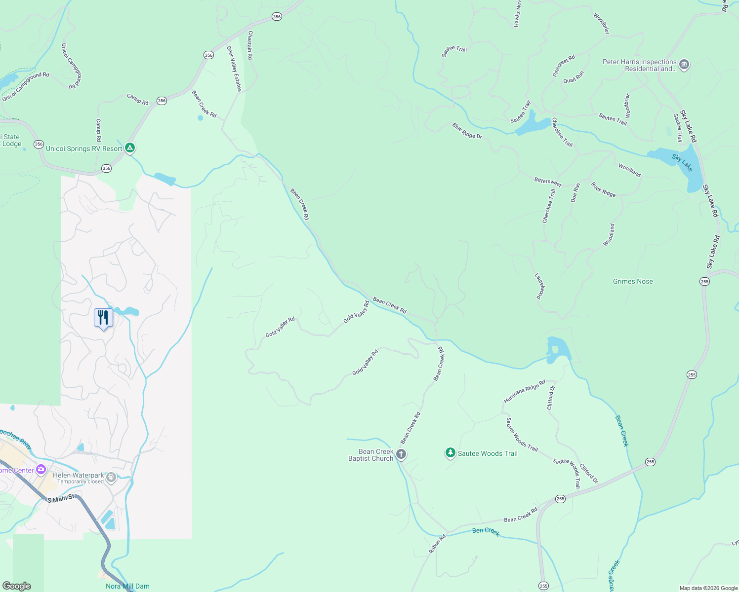 map of restaurants, bars, coffee shops, grocery stores, and more near 2218 Bean Creek Road in Sautee Nacoochee
