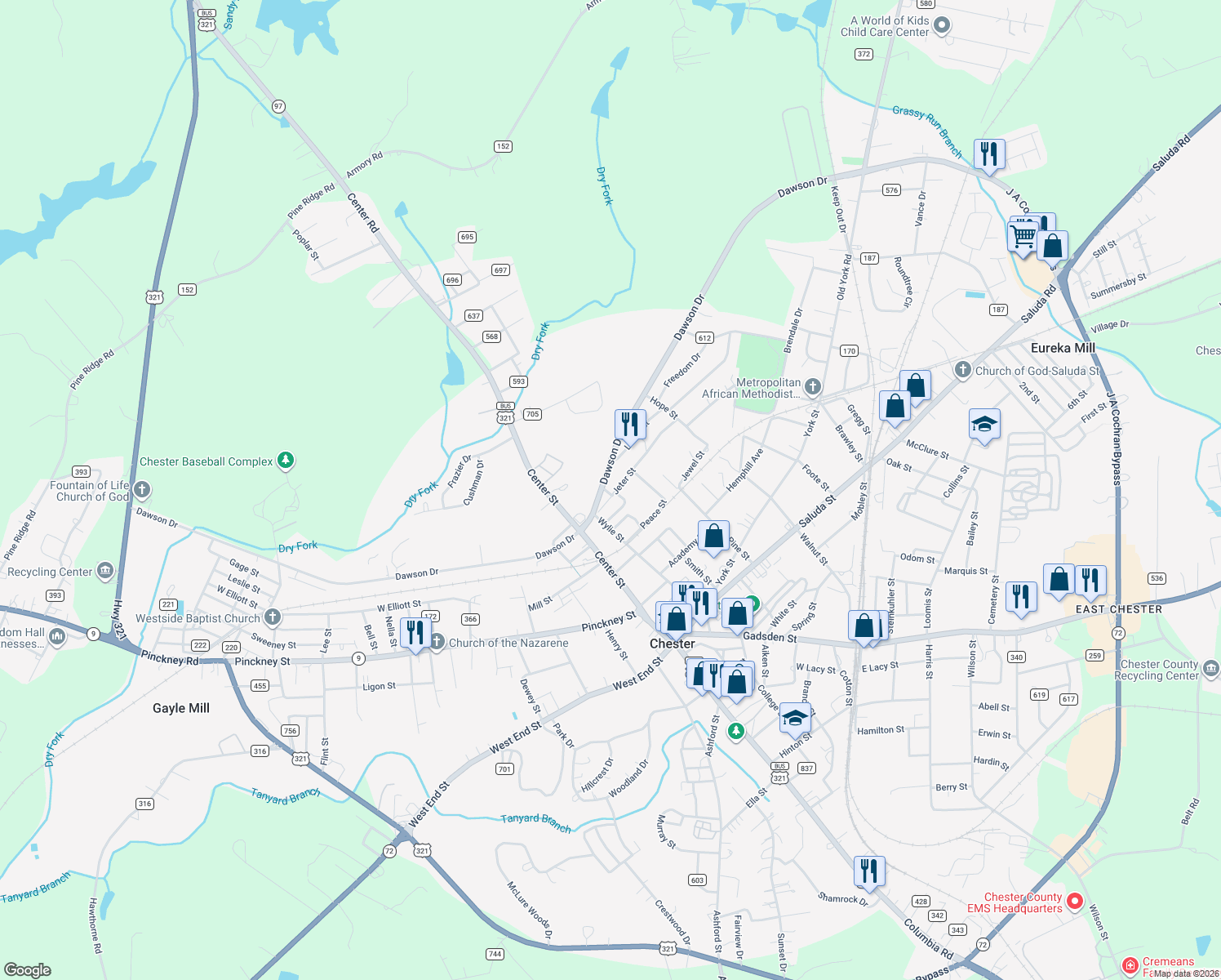 map of restaurants, bars, coffee shops, grocery stores, and more near 124 Jeter Street in Chester