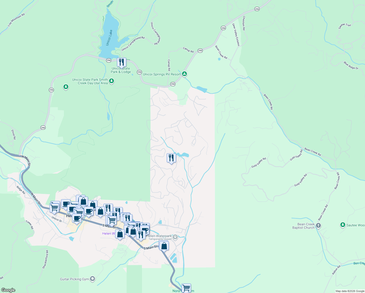 map of restaurants, bars, coffee shops, grocery stores, and more near 220 Rosen Strasse in Helen