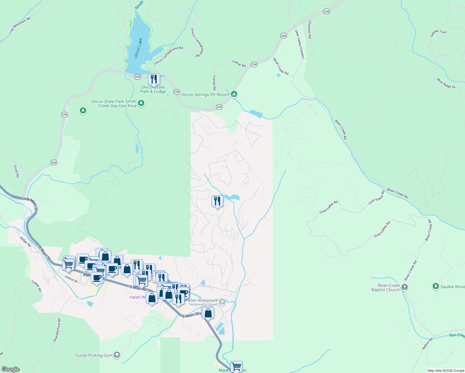 map of restaurants, bars, coffee shops, grocery stores, and more near 220 Rosen Strasse in Helen