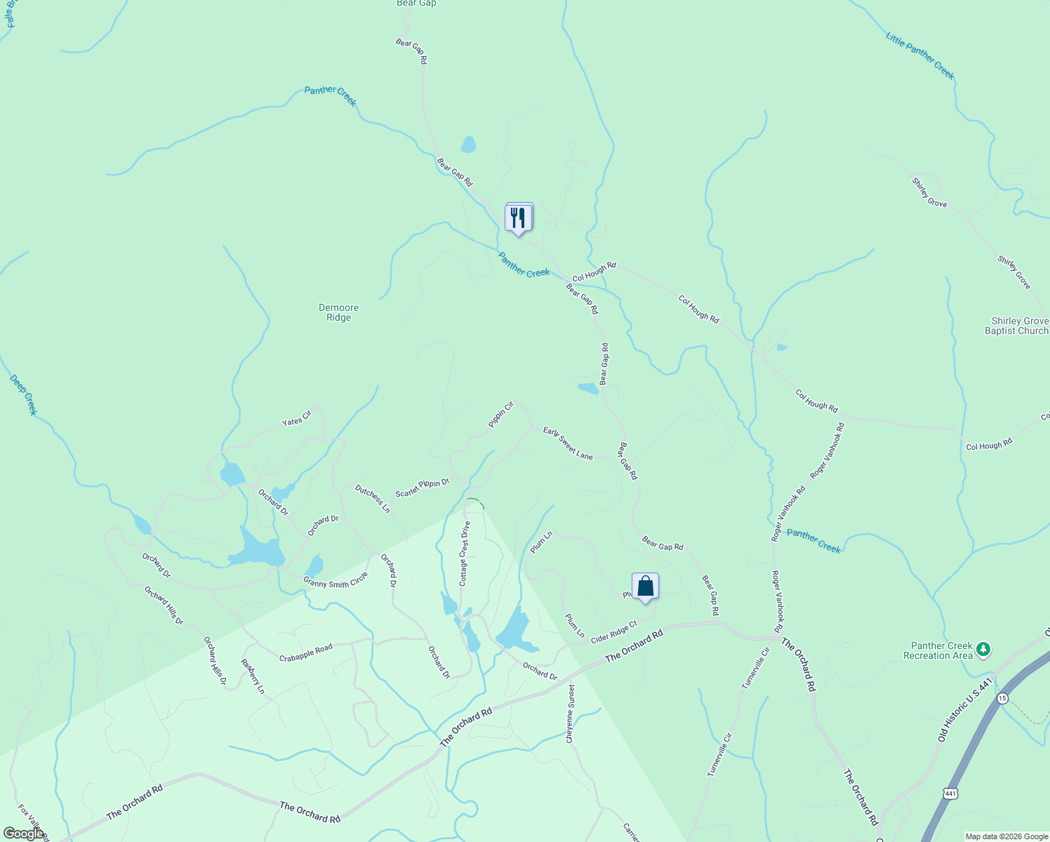 map of restaurants, bars, coffee shops, grocery stores, and more near 253 Pippin Circle in Clarkesville