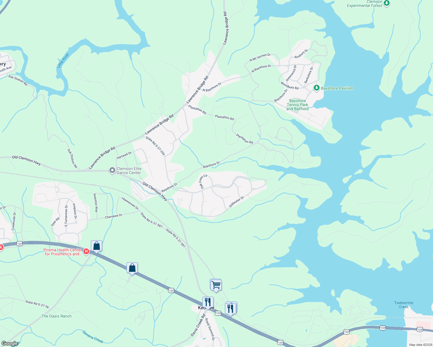 map of restaurants, bars, coffee shops, grocery stores, and more near 119 Oak Crest Circle in Seneca