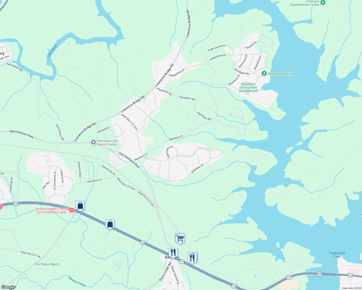 map of restaurants, bars, coffee shops, grocery stores, and more near 119 Oak Crest Circle in Seneca