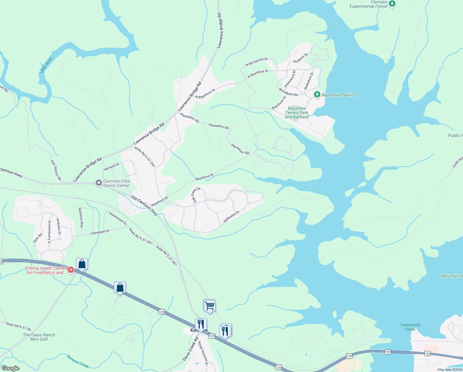 map of restaurants, bars, coffee shops, grocery stores, and more near 1247 Stillwater Drive in Seneca
