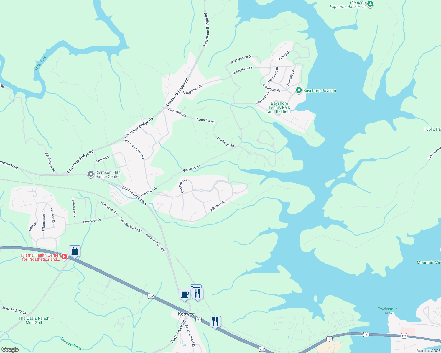 map of restaurants, bars, coffee shops, grocery stores, and more near 1247 Stillwater Drive in Seneca
