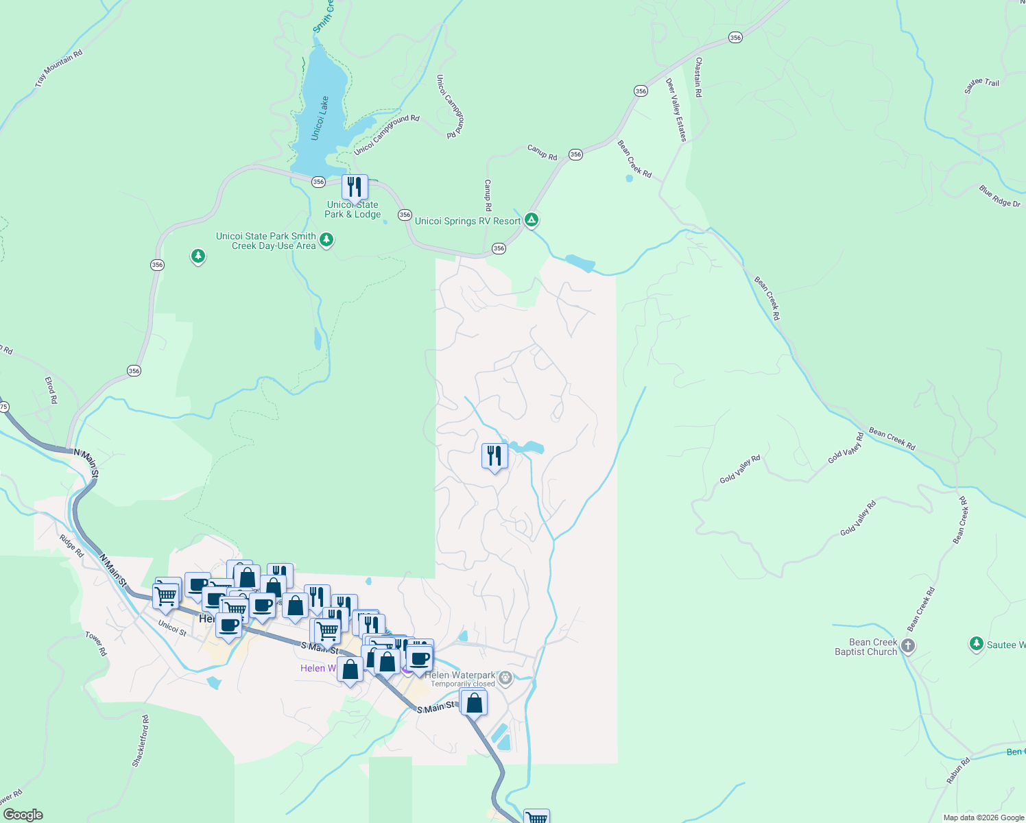 map of restaurants, bars, coffee shops, grocery stores, and more near 152 Rosen Strasse in Helen