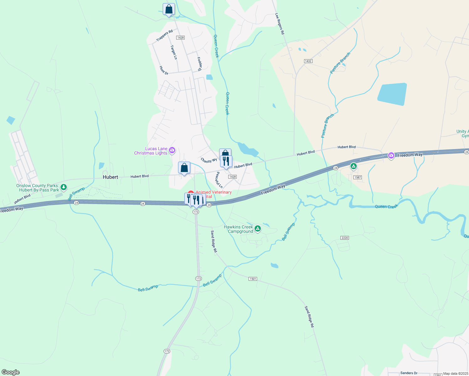 map of restaurants, bars, coffee shops, grocery stores, and more near 138 Barbour Rd in Hubert