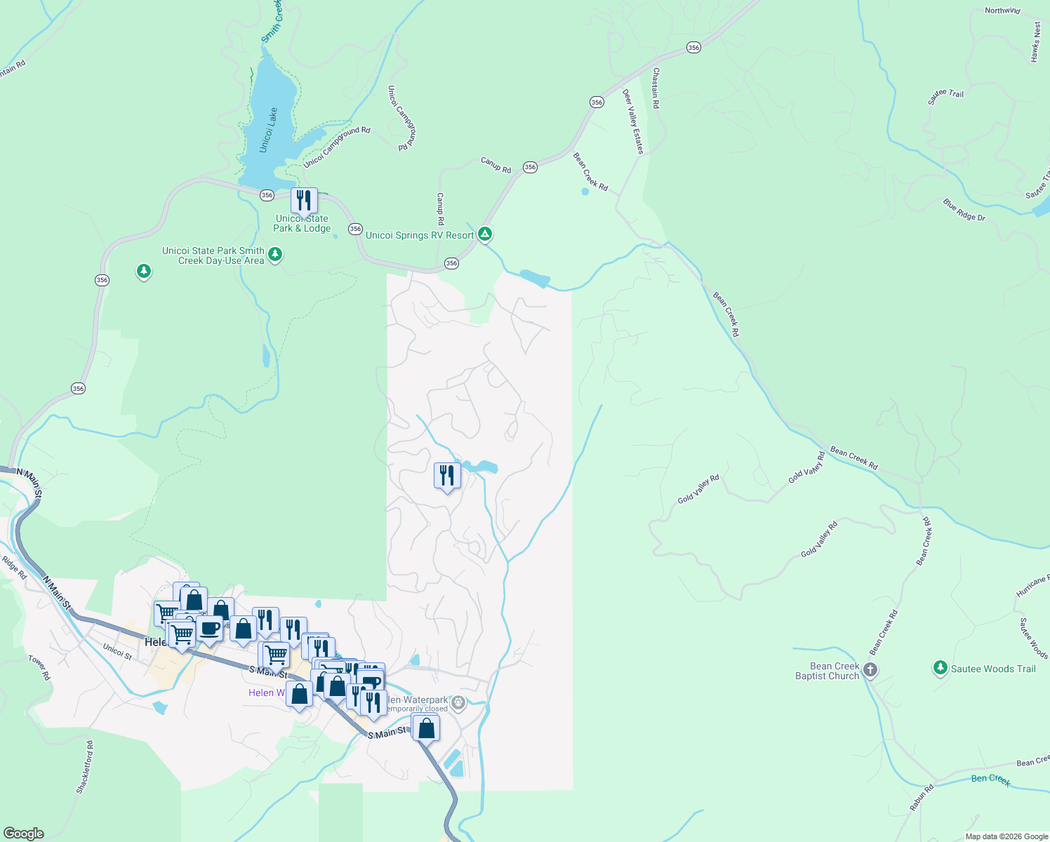 map of restaurants, bars, coffee shops, grocery stores, and more near 265 Bahn Erlenbruck in Helen