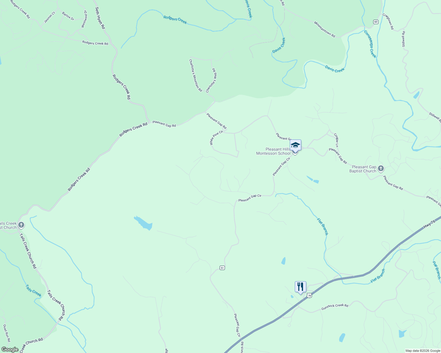 map of restaurants, bars, coffee shops, grocery stores, and more near in Tails Creek