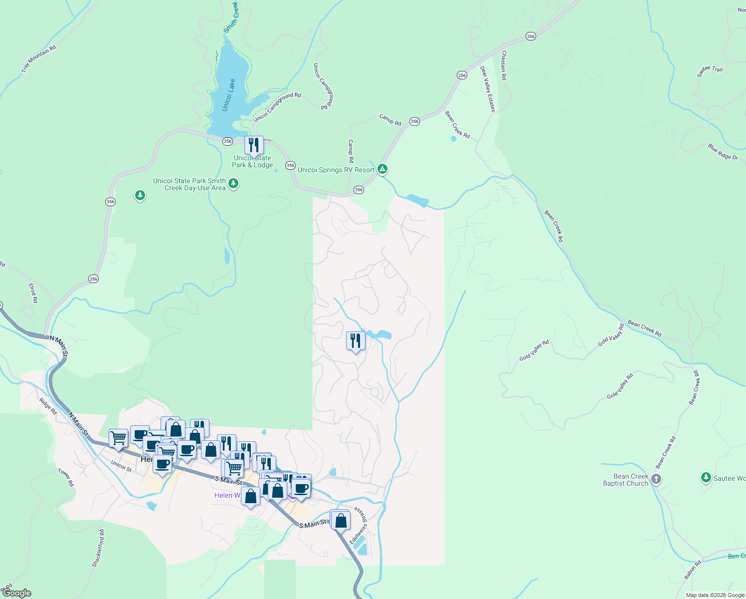 map of restaurants, bars, coffee shops, grocery stores, and more near 323 Rosen Strasse in Helen