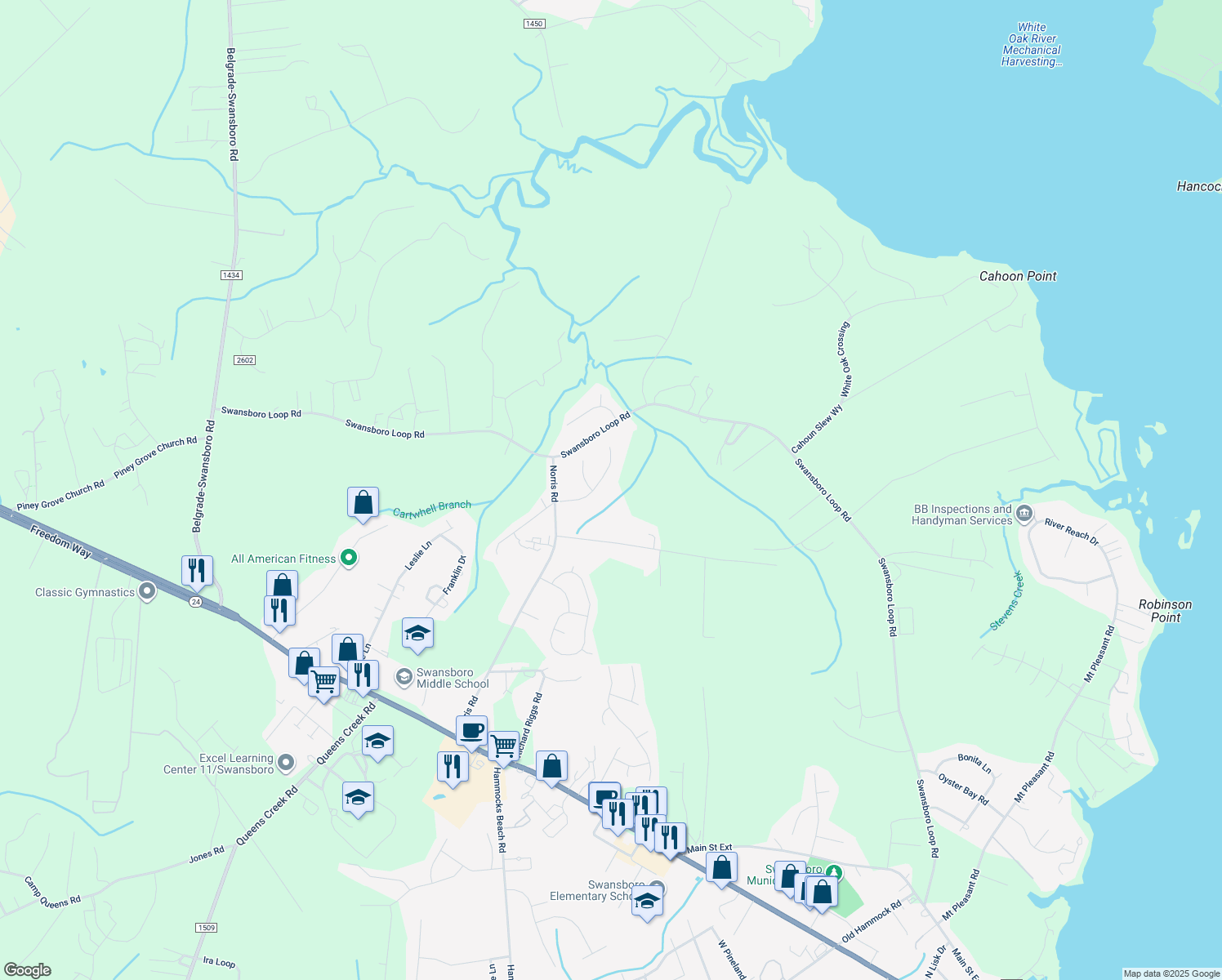 map of restaurants, bars, coffee shops, grocery stores, and more near 112 Hidden Creek Dr in Swansboro
