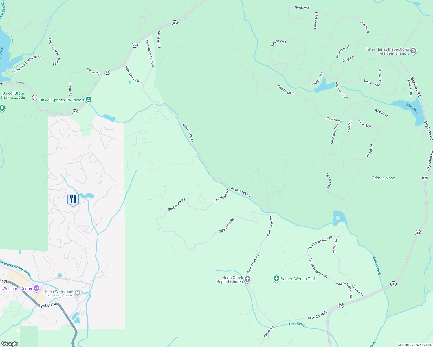 map of restaurants, bars, coffee shops, grocery stores, and more near 2218 Bean Creek Road in Sautee Nacoochee
