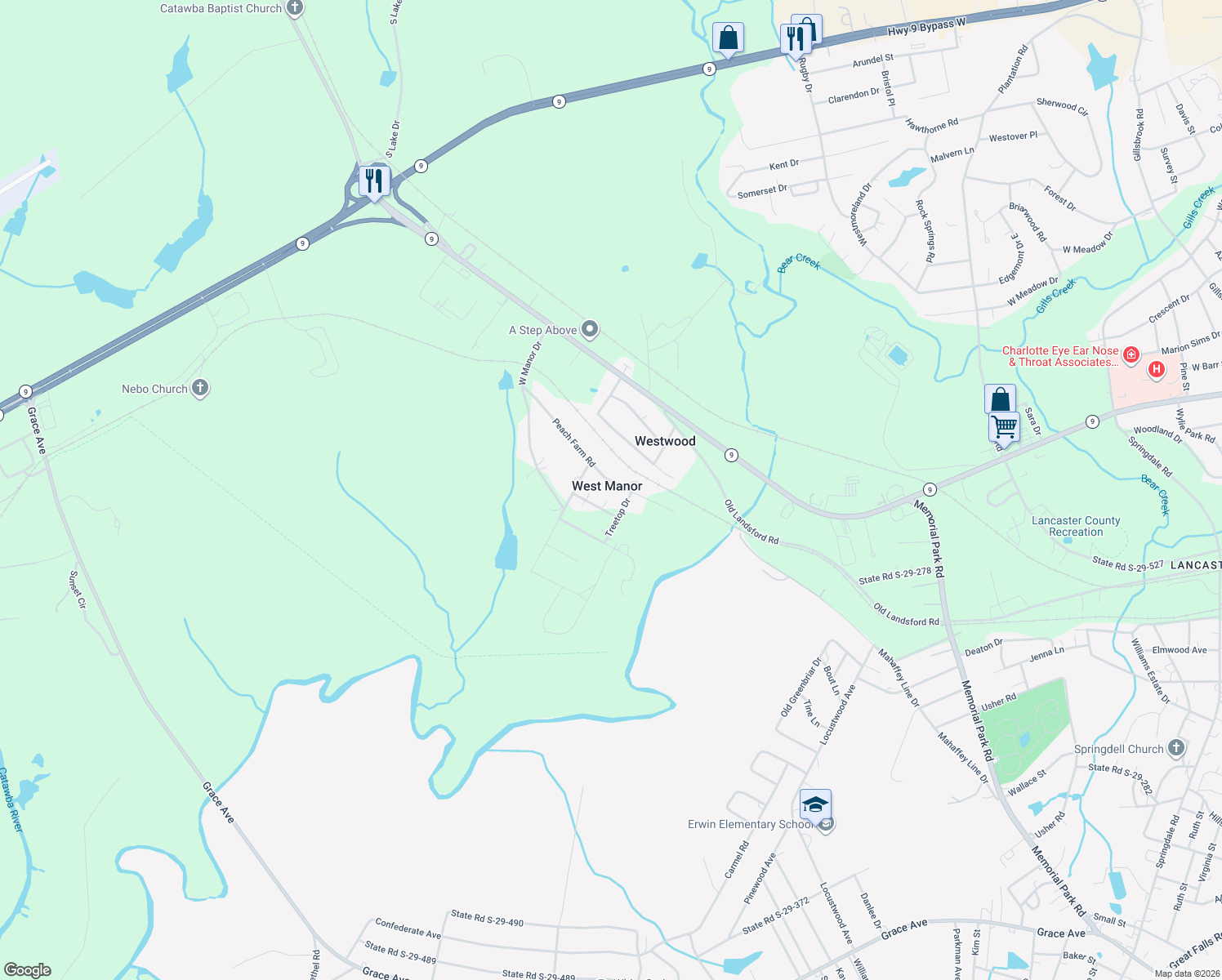 map of restaurants, bars, coffee shops, grocery stores, and more near 1125 Peach Farm Rd in Lancaster