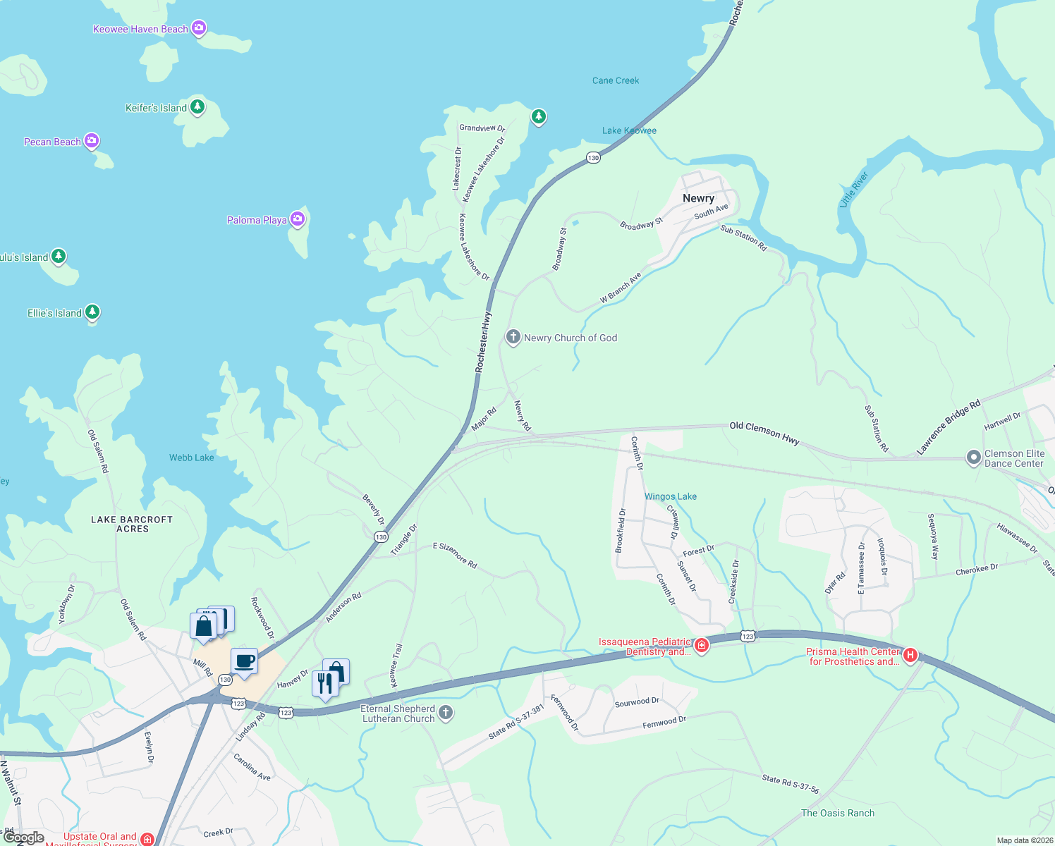 map of restaurants, bars, coffee shops, grocery stores, and more near 126 Newry Road in Seneca