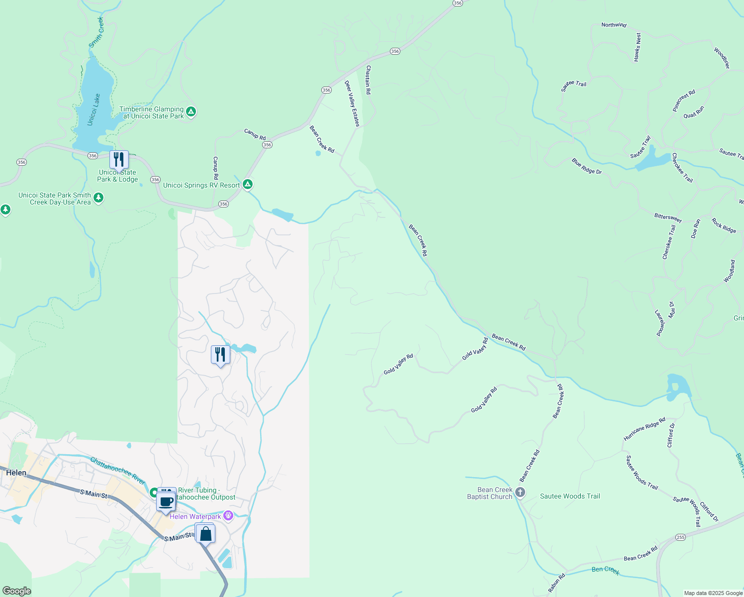 map of restaurants, bars, coffee shops, grocery stores, and more near 222 Gold Dust Trail in Sautee Nacoochee