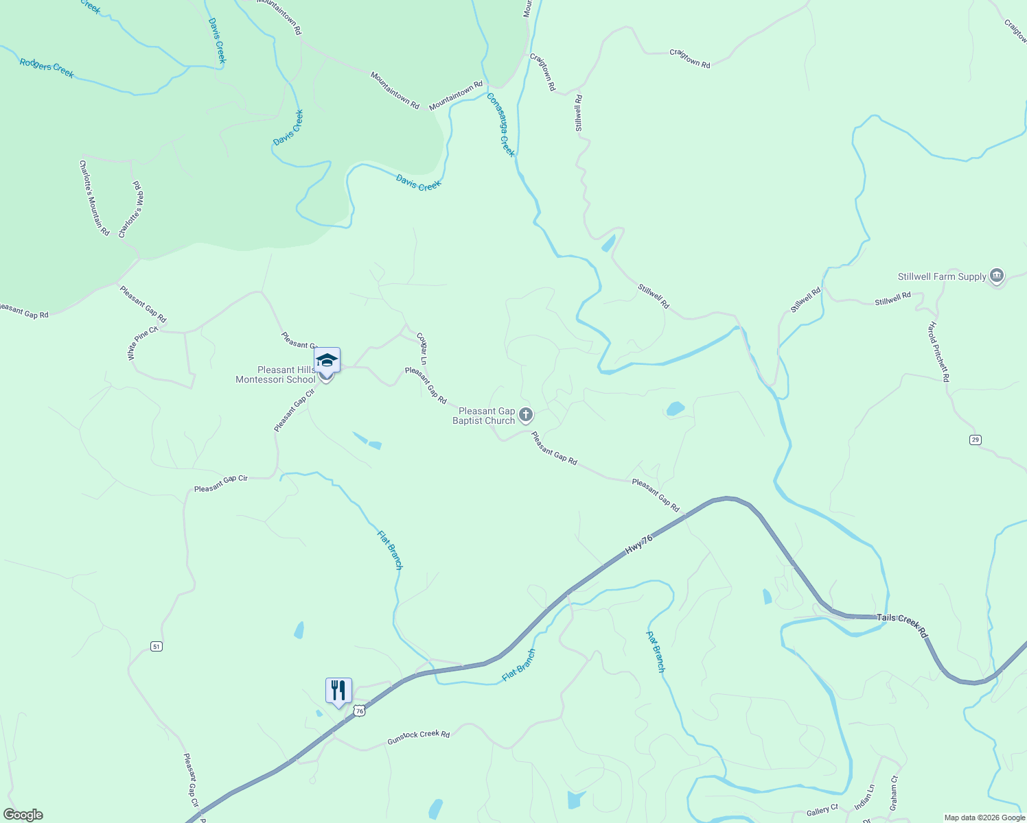 map of restaurants, bars, coffee shops, grocery stores, and more near 69 Honeysuckle Court in Ellijay