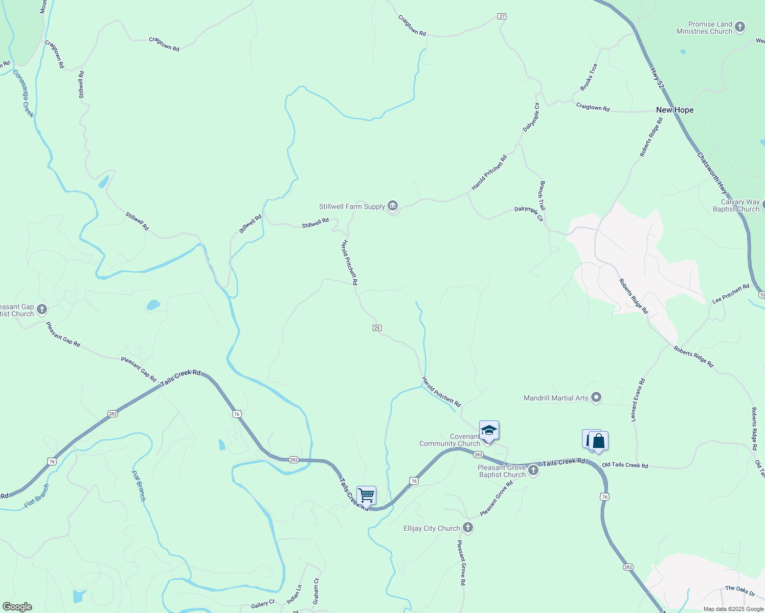 map of restaurants, bars, coffee shops, grocery stores, and more near 163 Bannie Creek Road in Ellijay