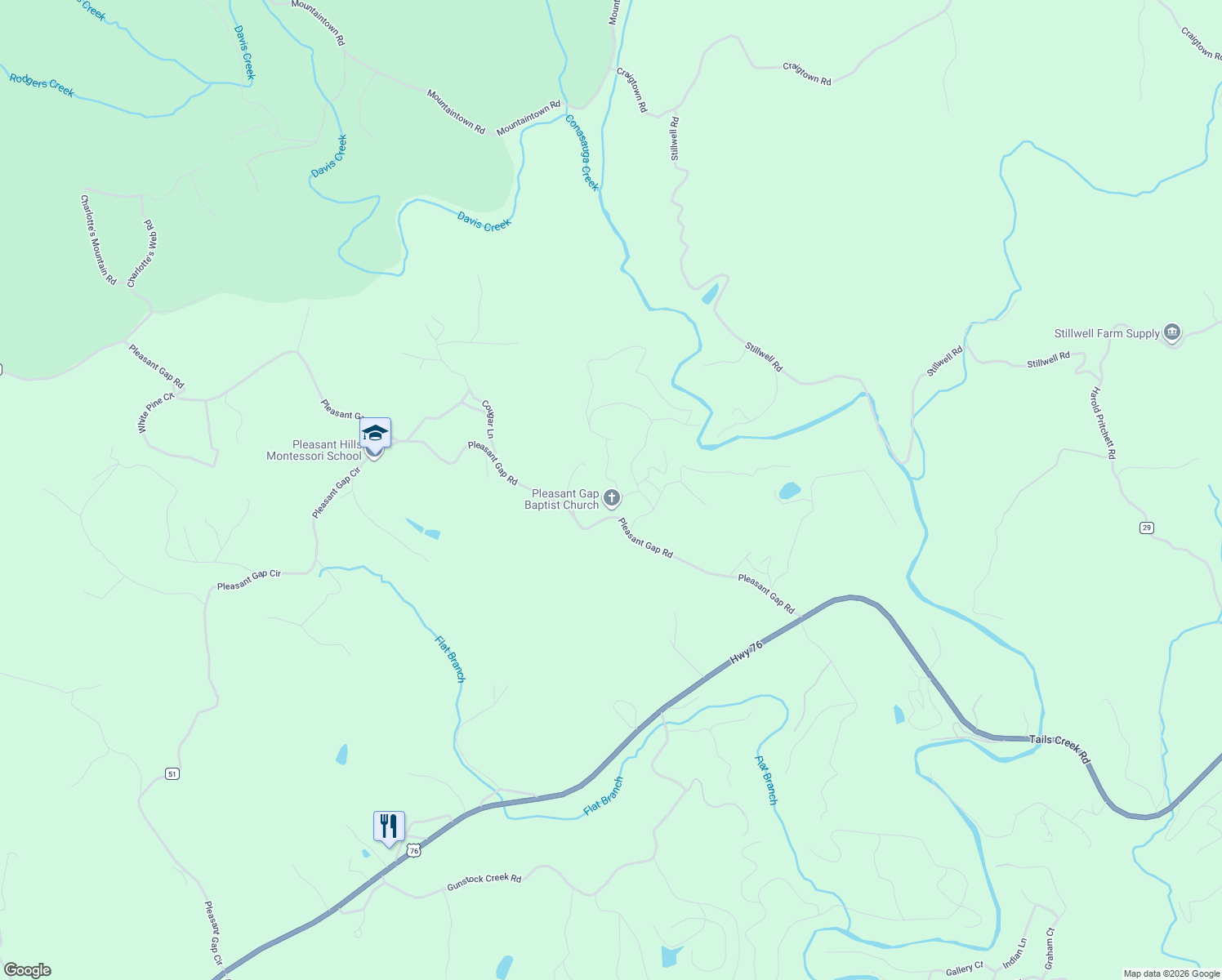 map of restaurants, bars, coffee shops, grocery stores, and more near 69 Honeysuckle Court in Ellijay