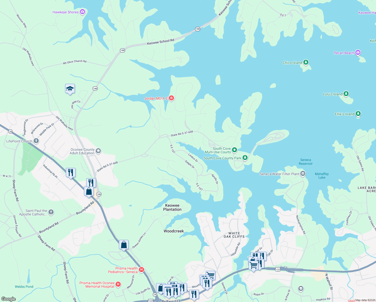 map of restaurants, bars, coffee shops, grocery stores, and more near 107 Lindos Drive in Seneca