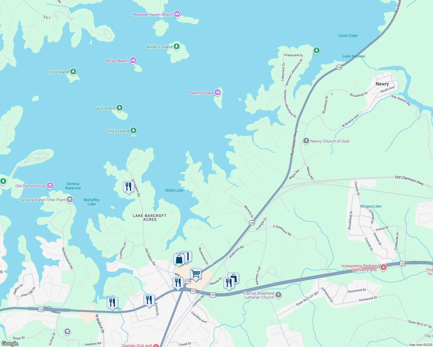 map of restaurants, bars, coffee shops, grocery stores, and more near 419 Woodridge Road in Seneca