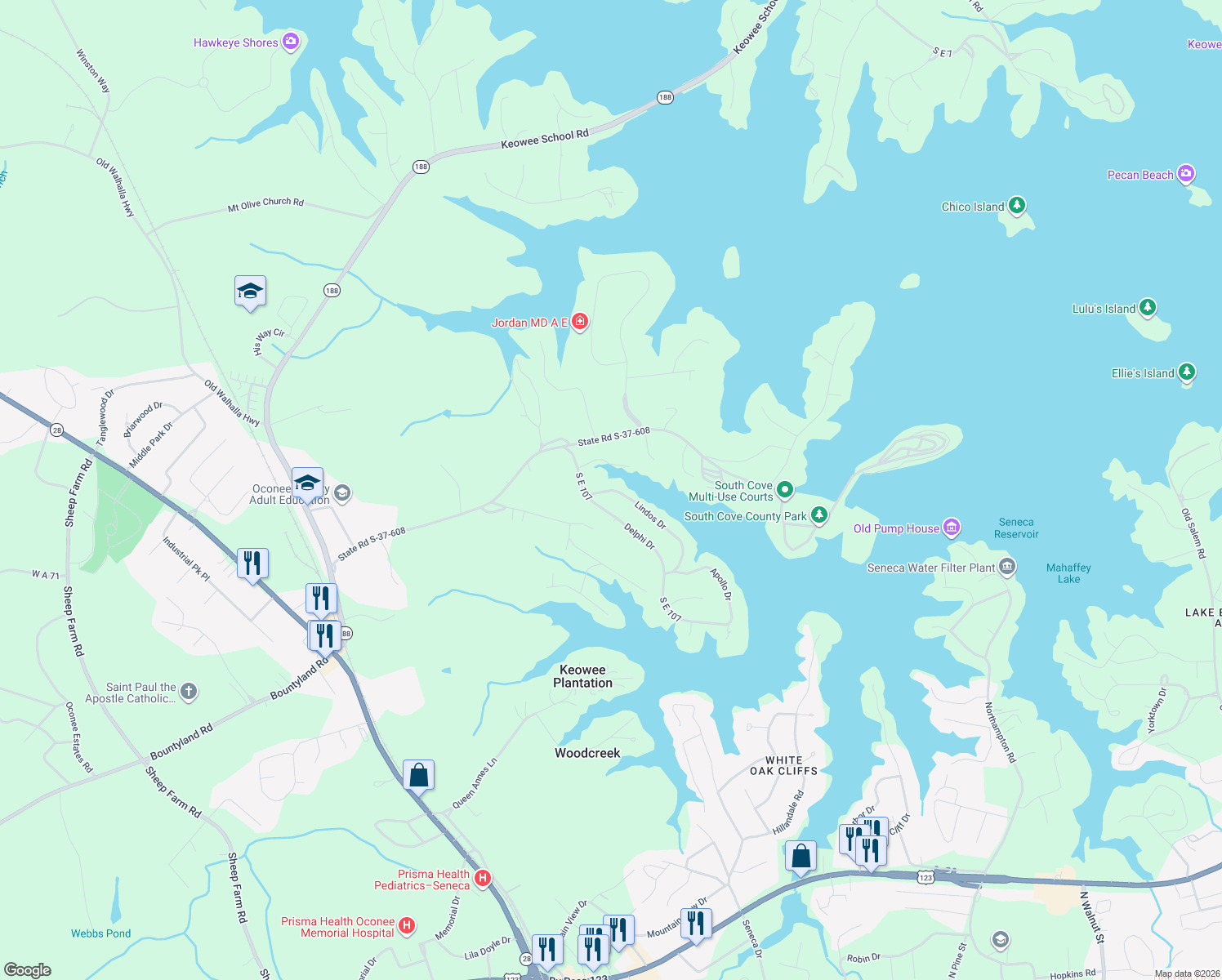 map of restaurants, bars, coffee shops, grocery stores, and more near 107 Lindos Dr in Seneca