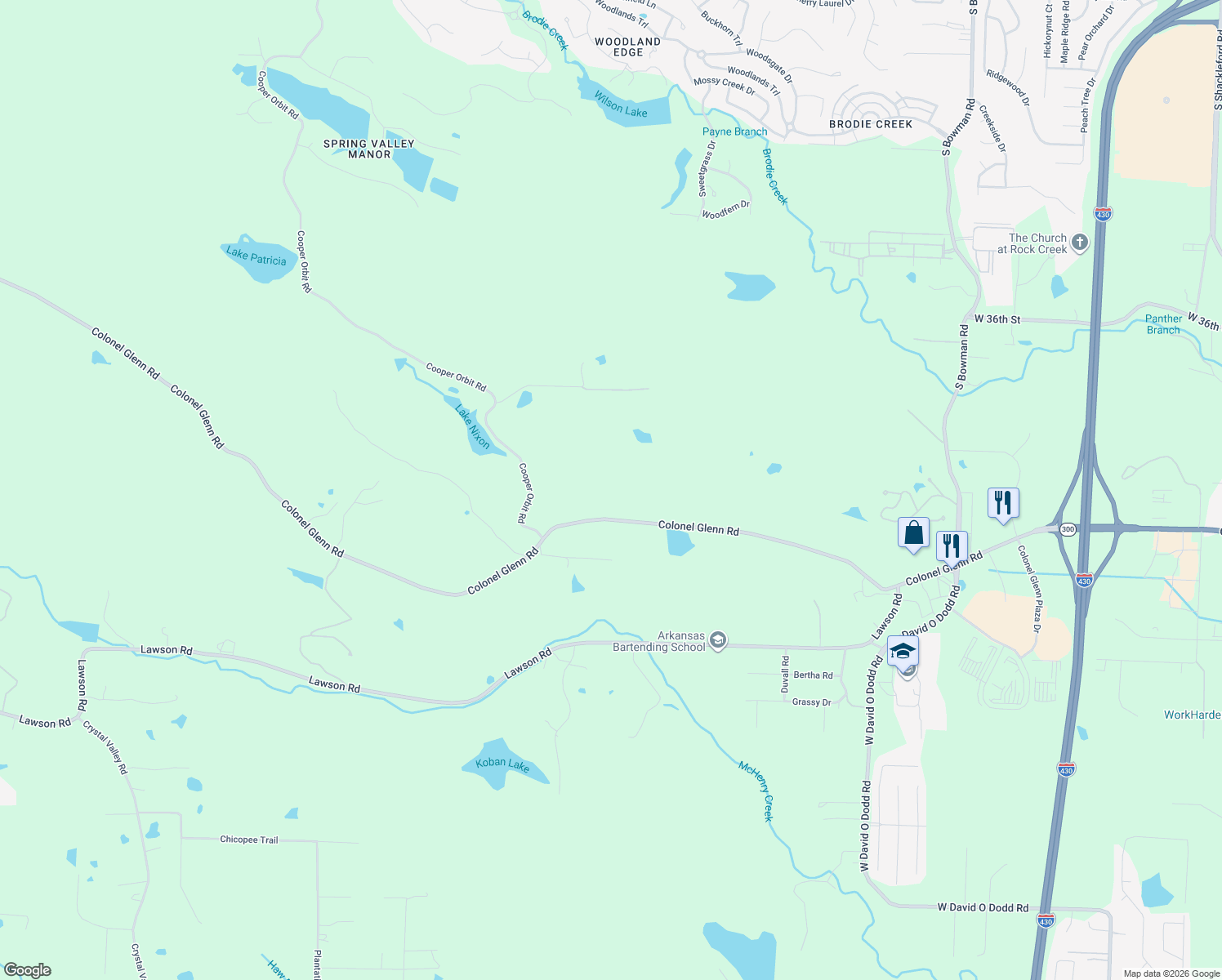 map of restaurants, bars, coffee shops, grocery stores, and more near 13550 Colonel Glenn Road in Little Rock